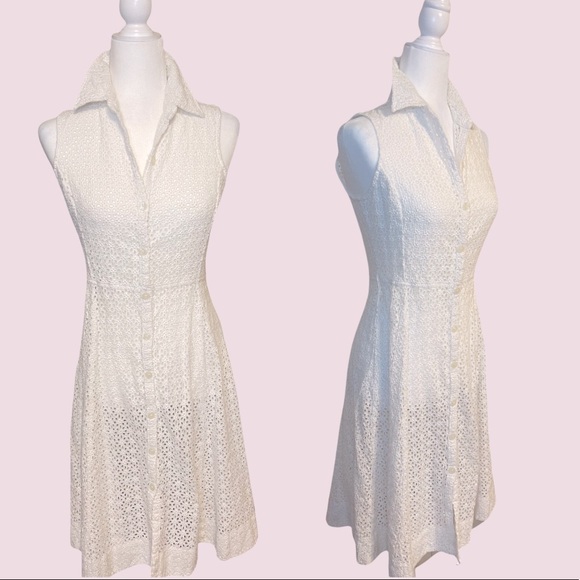 BANANA REPUBLIC - Sleeveless White Eyelet Button down A-Line Dress. Size 6 - Picture 4 of 12